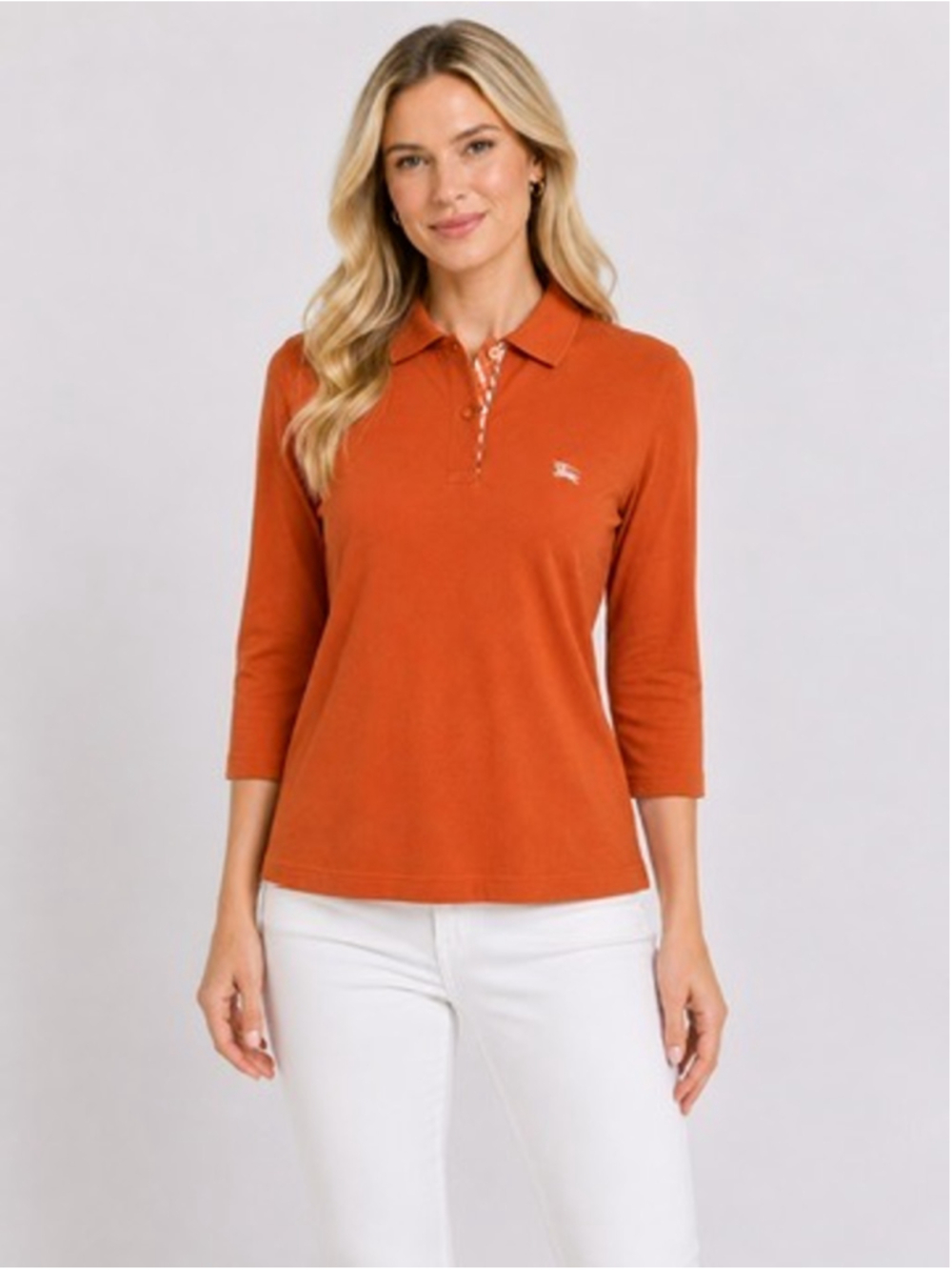 BURBERRY London Womens 3/4 Sleeve Polo Shirt Burnt Orange Nova Check Trim Sz [X]